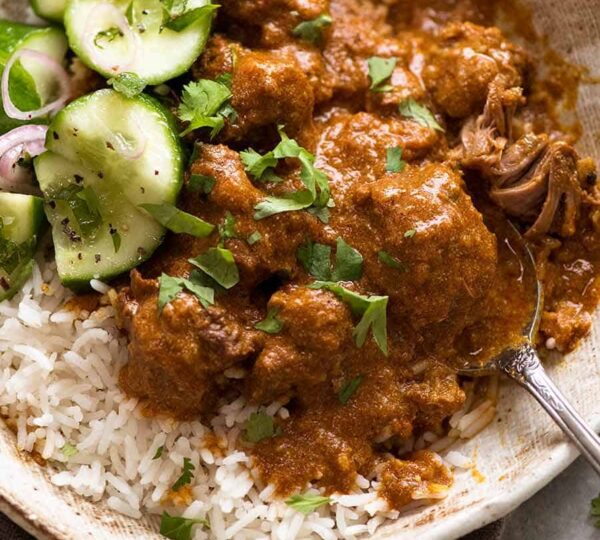 Rich and aromatic Kashmiri Rogan Josh lamb curry slow cooked with Kashmiri spices