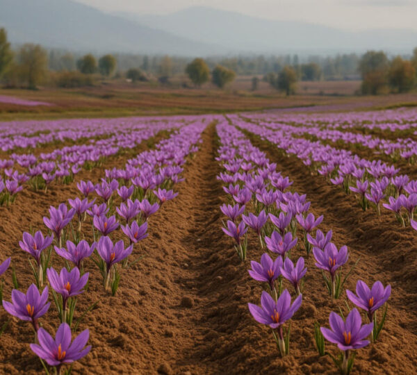 Purple saffron flowers blooming in the fields of Kulgam the Red Gold of Kashmir