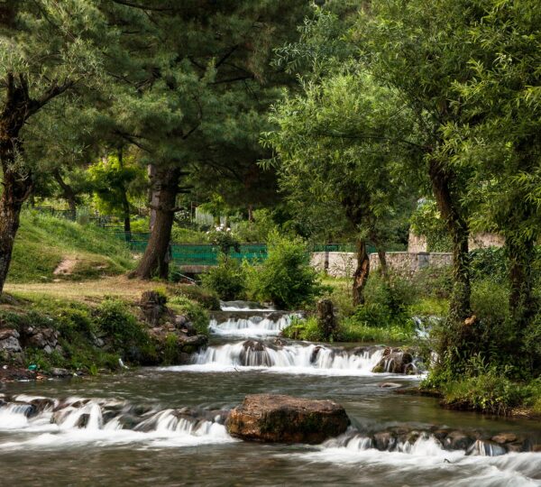 Verinag Spring origin of Jhelum River surrounded by Mughal style octagonal garden and ancient pavilion