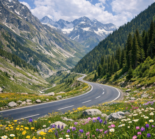 Flora and nature at Peer Ki Gali Mughal Road Kashmir — wildflower meadows and dense forest habitat surrounding the 11500 feet mountain pass, home to diverse Himalayan wildlife and birdlife