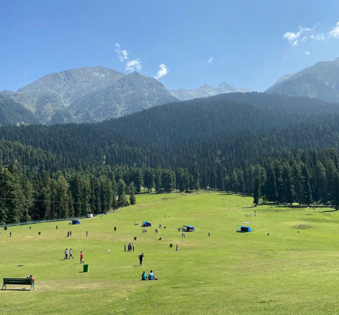 Baisaran Valley Pahalgam Kashmir — the mini Switzerland of Kashmir just 5 km from Pahalgam with vast open meadows surrounded by dense pine forest and snow-capped peaks creating a stunning Alpine landscape
