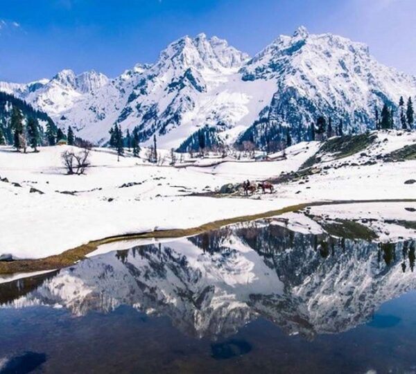 Sonamarg Kashmir in November with Thajiwas Glacier snow covered peaks Sindh River and autumn golden meadows