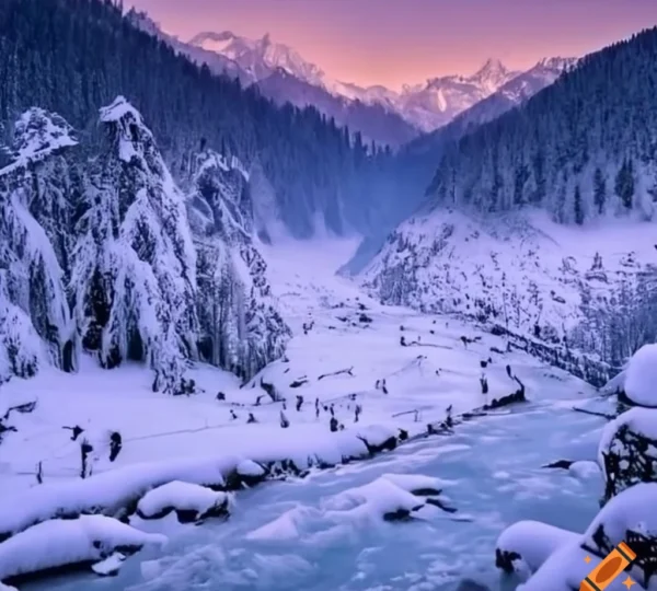 Pahalgam Kashmir in December with snow covered valley horse riding and winter mountain scenery along Lidder River