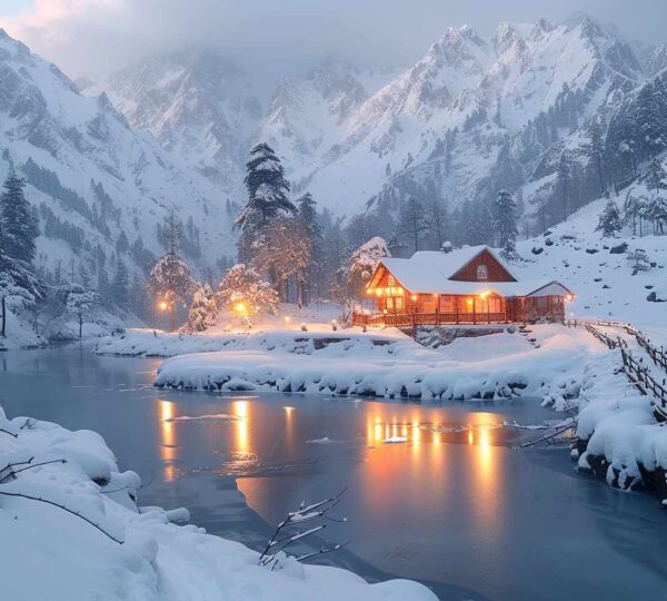 landscapeKashmir in December winter wonderland with snow covered mountains valleys and pine trees