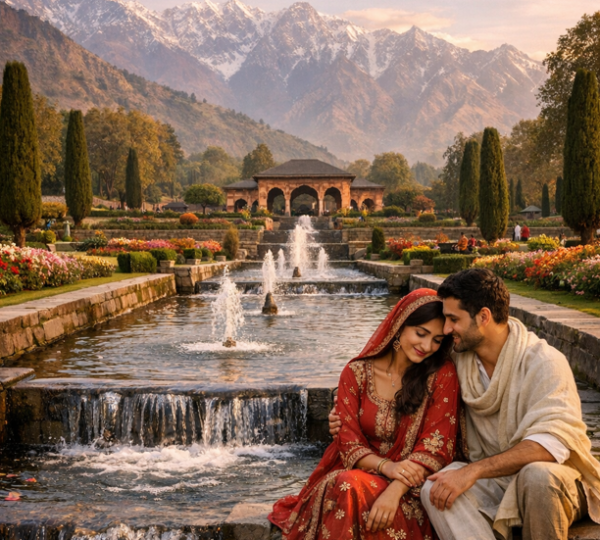 Honeymoon photography in Gulmarg Kashmir — couple posing in the snow-covered Gulmarg meadow with the Himalayan peaks as backdrop, perfect setting for pre-wedding and honeymoon photography
