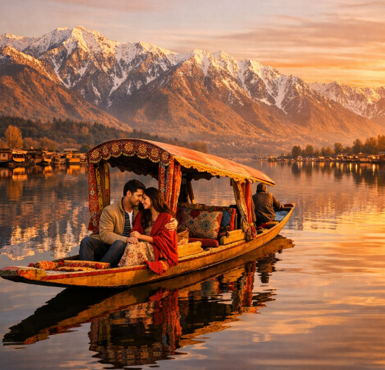 Romantic Dal Lake honeymoon Kashmir — couple on a shikara at golden hour on Dal Lake Srinagar with the Zabarwan hills and snow peaks reflecting in the still water, the most iconic Kashmir honeymoon image