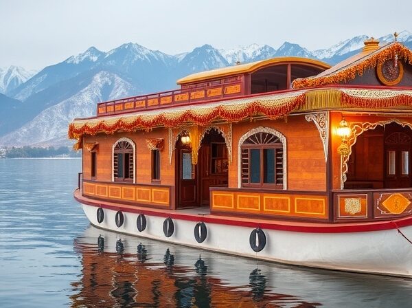 Traditional houseboat stay on Dal Lake Kashmir in autumn with wooden interior warm hospitality and mountain backdrop