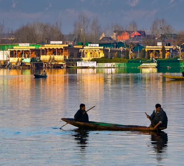 Dal Lake Srinagar panorama with wooden Shikara boats and snow-capped Himalayan mountains in background