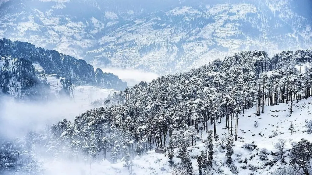 Kashmir winter landscape in December — snow on mountains and valley