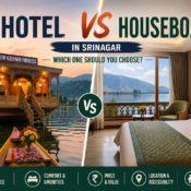Hotel vs Houseboat in Srinagar comparison banner showing a traditional Dal Lake houseboat at sunset on one side and a modern lake-view hotel room on the other, highlighting travel experience, comfort, price, and location differences.
