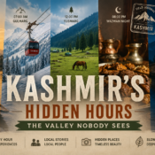 Kashmir hidden hours collage featuring Dal Lake sunrise, Gulmarg snow, Yusmarg meadows, Wazwan dinner, and Srinagar houseboats